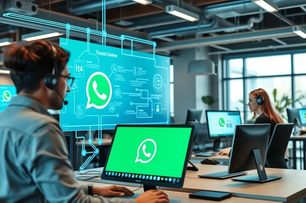 Espaço de trabalho tecnológico com automação de atendimento ao cliente.