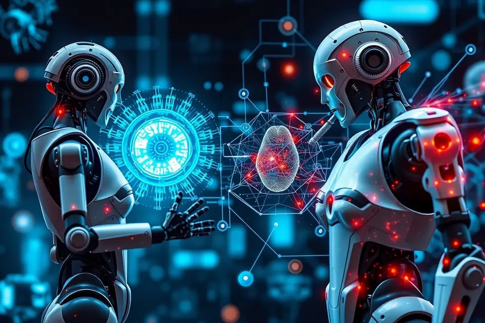 Imagem de capa mostrando a sinergia entre robótica e inteligência artificial generativa.