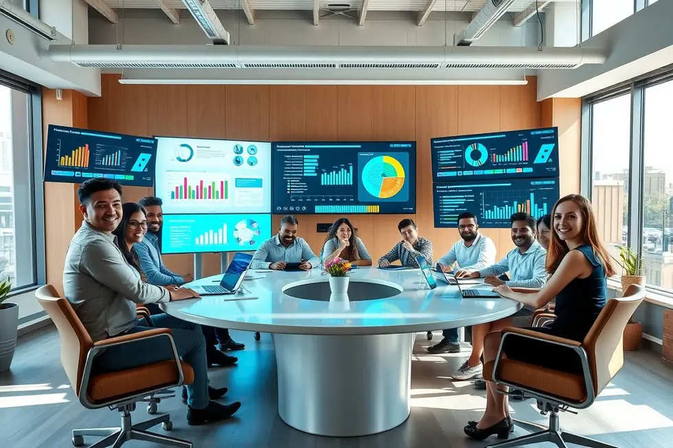 Equipe diversa discutindo sobre automação em um ambiente de escritório moderno.