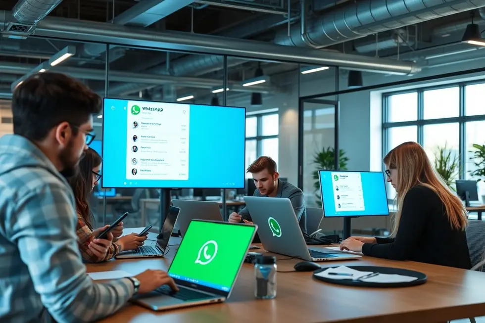 Equipe colaborando com tecnologia de atendimento ao cliente.