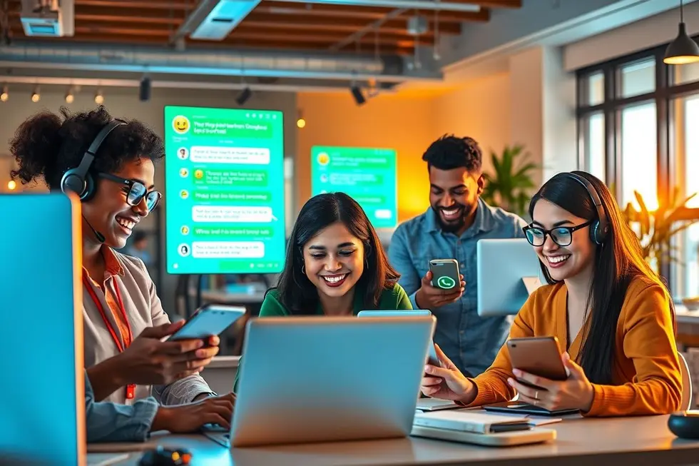 Cena envolvente de uma equipe de atendimento ao cliente usando WhatsApp e tecnologia.