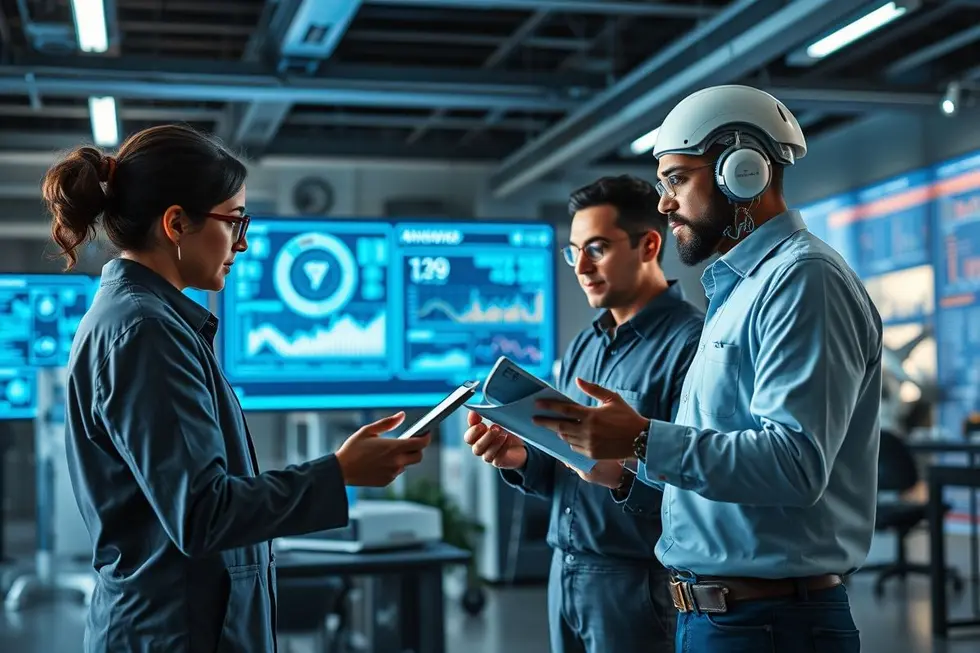 Profissionais em um escritório moderno utilizando tecnologia de inteligência artificial.