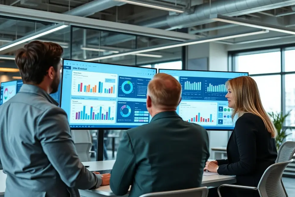 Ambiente de escritório moderno com profissionais analisando um dashboard de vendas.