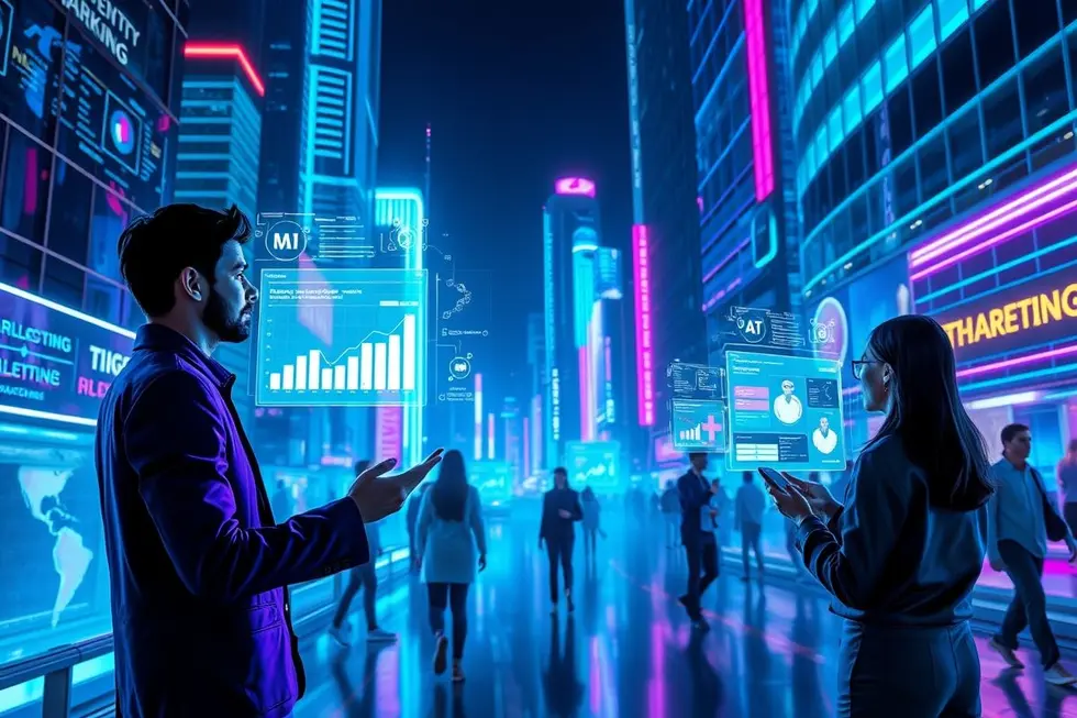 Futurista representação da tecnologia de IA em marketing digital.