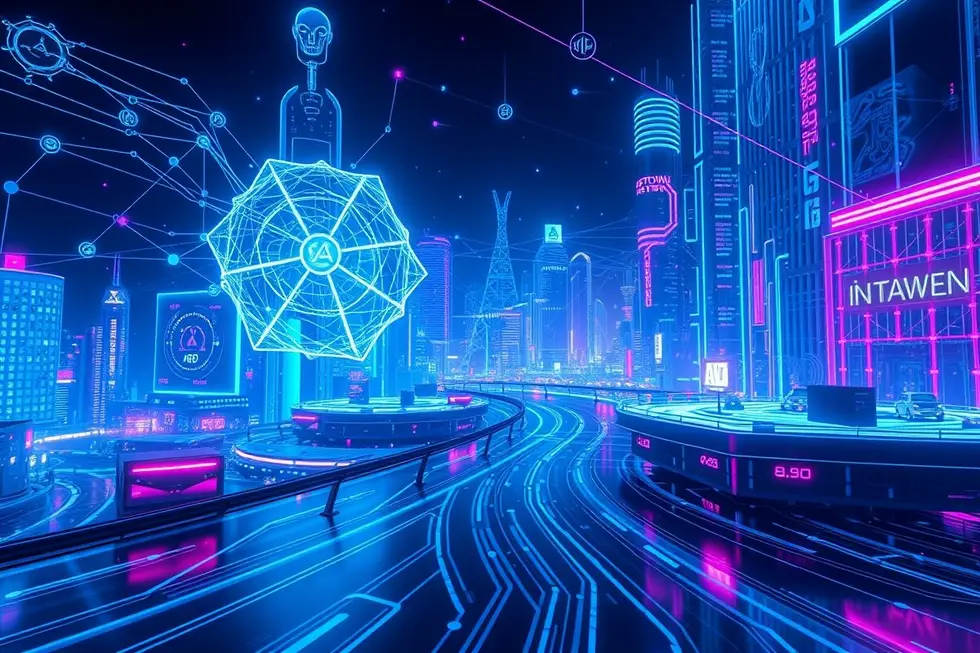 Integração de IA em um ambiente digital futurista.