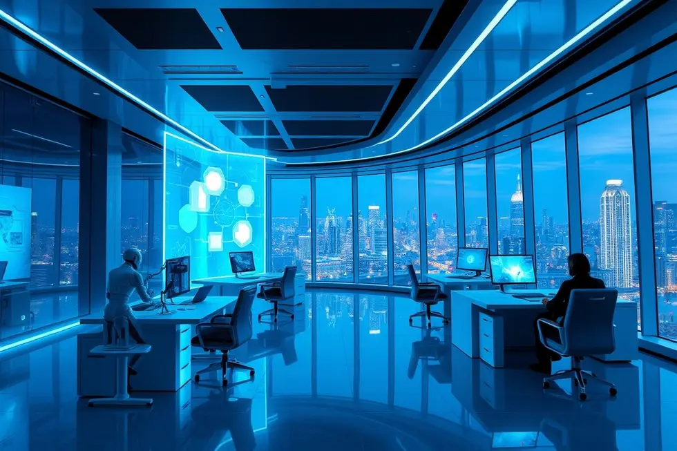 Ambiente de negócios futurista com inteligência artificial.