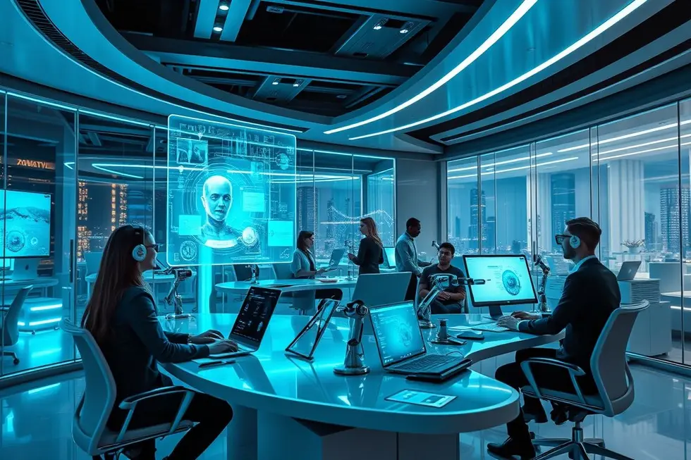Um ambiente de trabalho futurista integrado com inteligência artificial