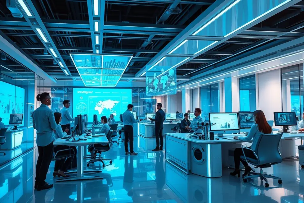 Ambiente moderno com tecnologia de automação inteligentemente integrada.