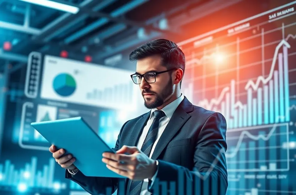 Profissional de negócios analisando dados de vendas em um ambiente futurista