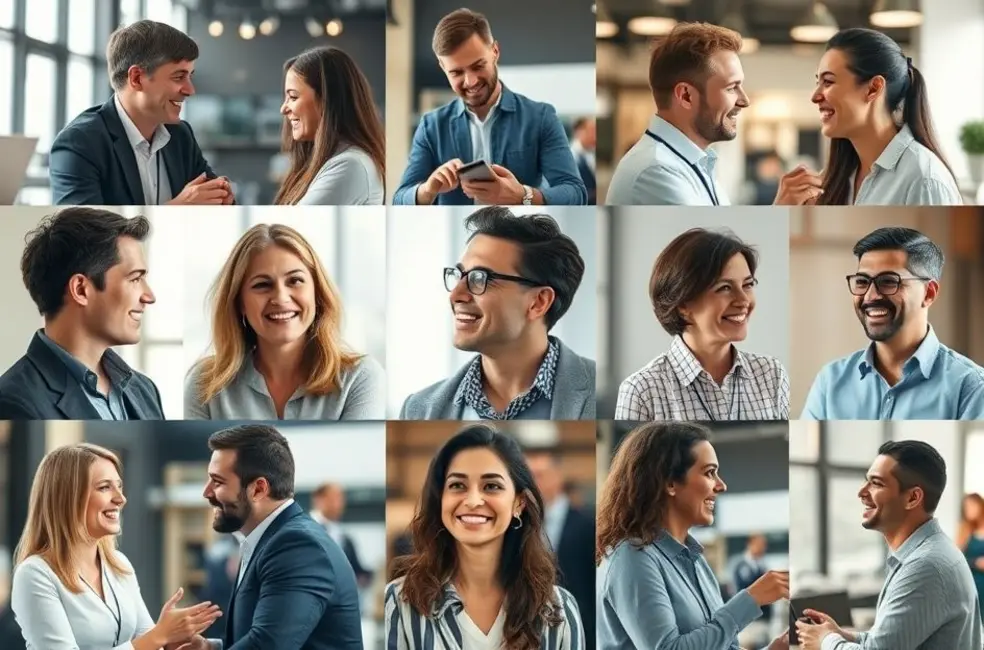 Montagem de interações de vendas bem-sucedidas com clientes satisfeitos.