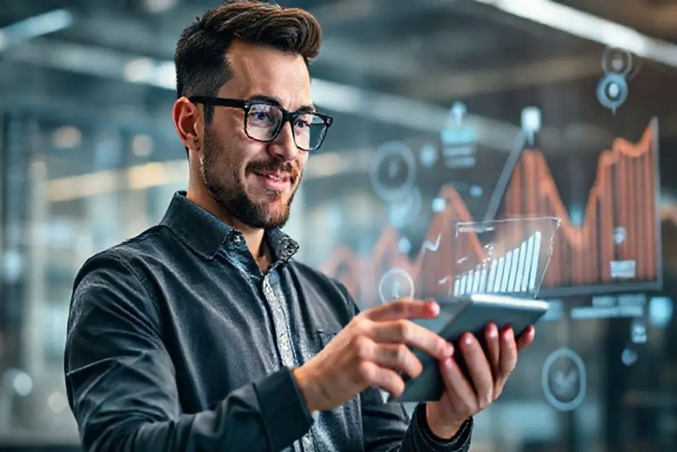 Pequeno empresário utilizando inteligência artificial para otimizar suas finanças.