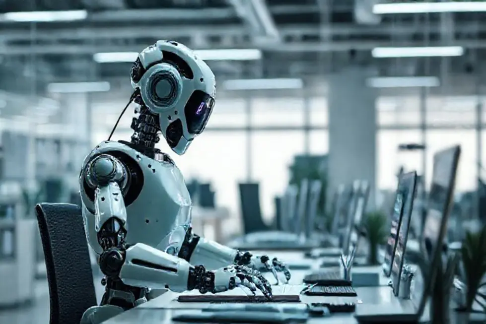 Robôs automatizando tarefas em um escritório moderno.