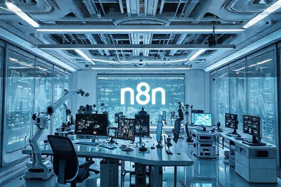 Espaço de trabalho futurista simbolizando automação com n8n.