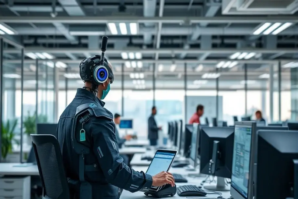 Escritório moderno com tecnologias de automação em ação.